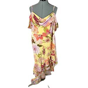 City Studio Asymmetrical Drape Neck Off Shoulder dress Yellow Floral 2X